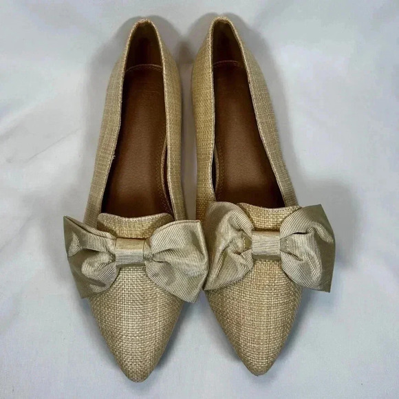 ASOS Design Lake Bow Size 11W Raffia Ballet Pointed Toe Flat Loafer - Picture 4 of 10